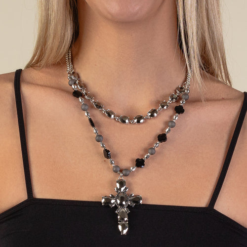 1179 - Crystal Cross Necklace - Black