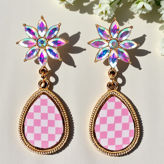13034 - Checkered Earrings - Pink & White