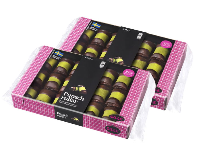 2 x Gille Punschrullar 630g – two boxes of Swedish dammsugare pastry rolls with green marzipan and chocolate-coated ends, baked in Sweden