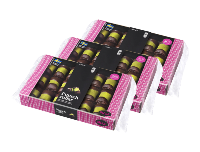 3 x Gille Punschrullar 630g – three boxes of Swedish dammsugare pastry rolls with green marzipan and chocolate-coated ends, baked in Sweden
