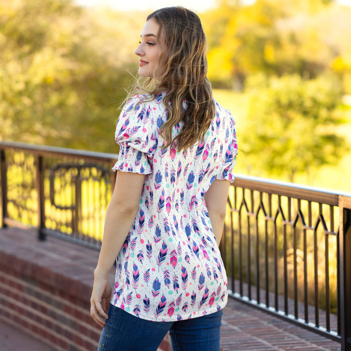30013 - Feather Print V-Neck Top