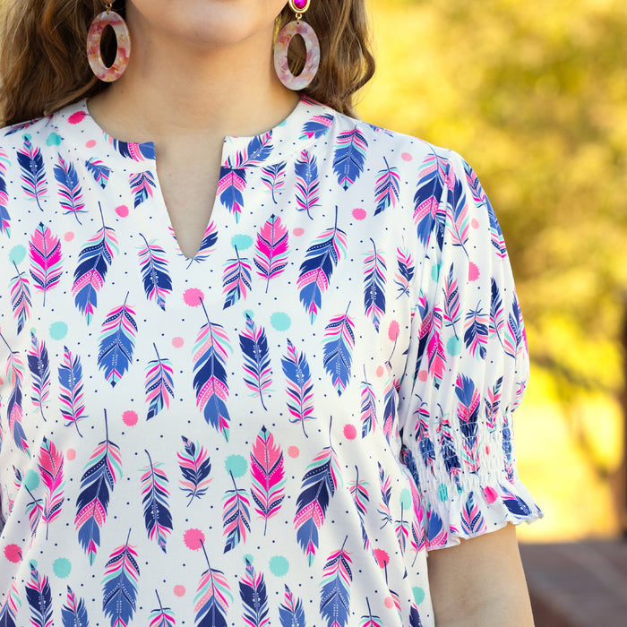 30013 - Feather Print V-Neck Top