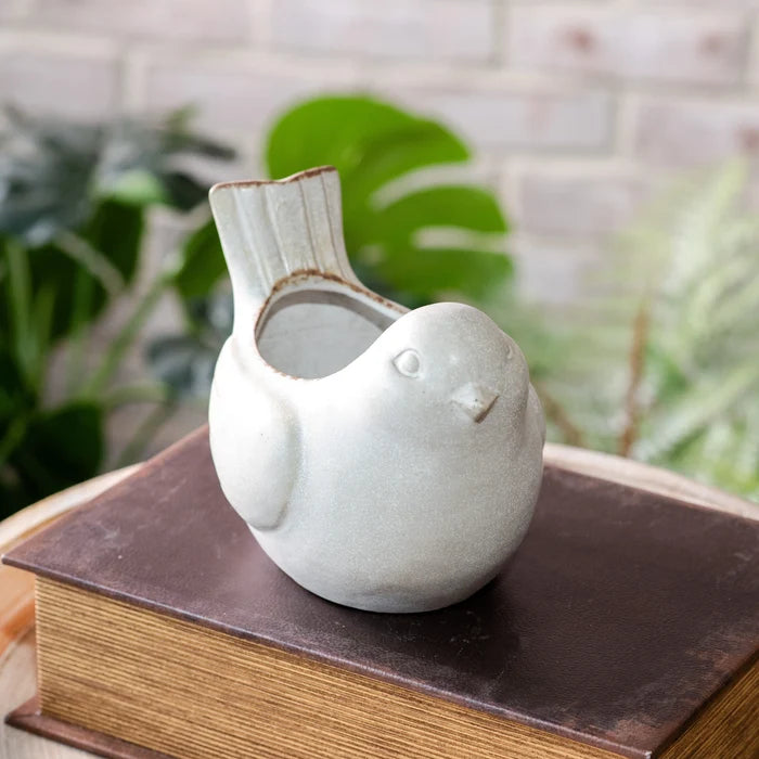 7"L TAN W/ WHITE WASH BIRD POT - Magnolia Lane co. Home + Garden + Gift