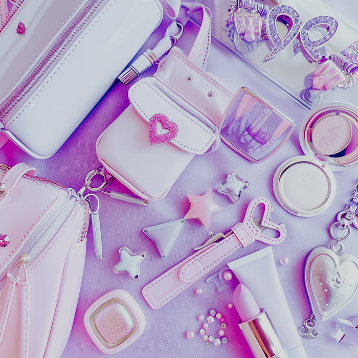 A collection of pastel-colored accessories including a wallet, phone case, perfume bottle, and jewelry laid out on a purple background.