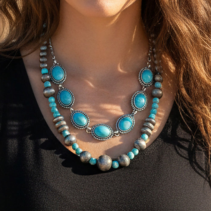 92292 - Layered Squash Blossom Necklace - Turquoise & Silver