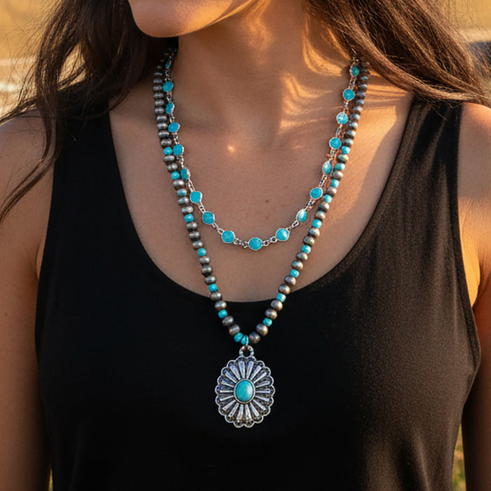 92294 - Layered Squash Blossom Necklace - Turquoise