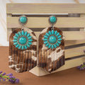 93050 - Squash Blossom Animal Hide Earrings - Dark Brown & Turquoise