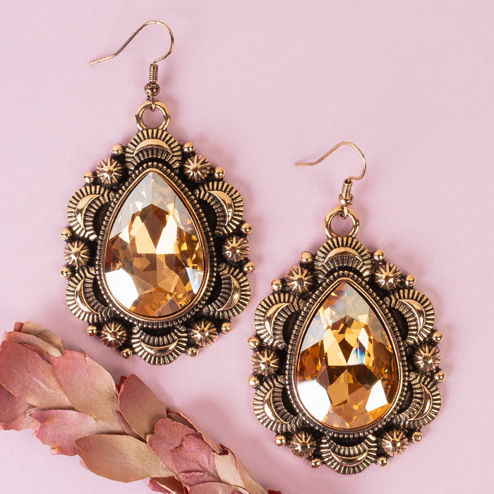 93337 - Crystal Teardrop Earrings - Gold
