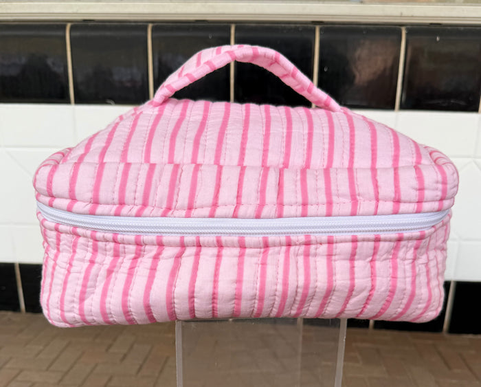 Quilted Block Print - Stripe Collection - Open Top Makeup Bag - Flamingo Pink Stripe