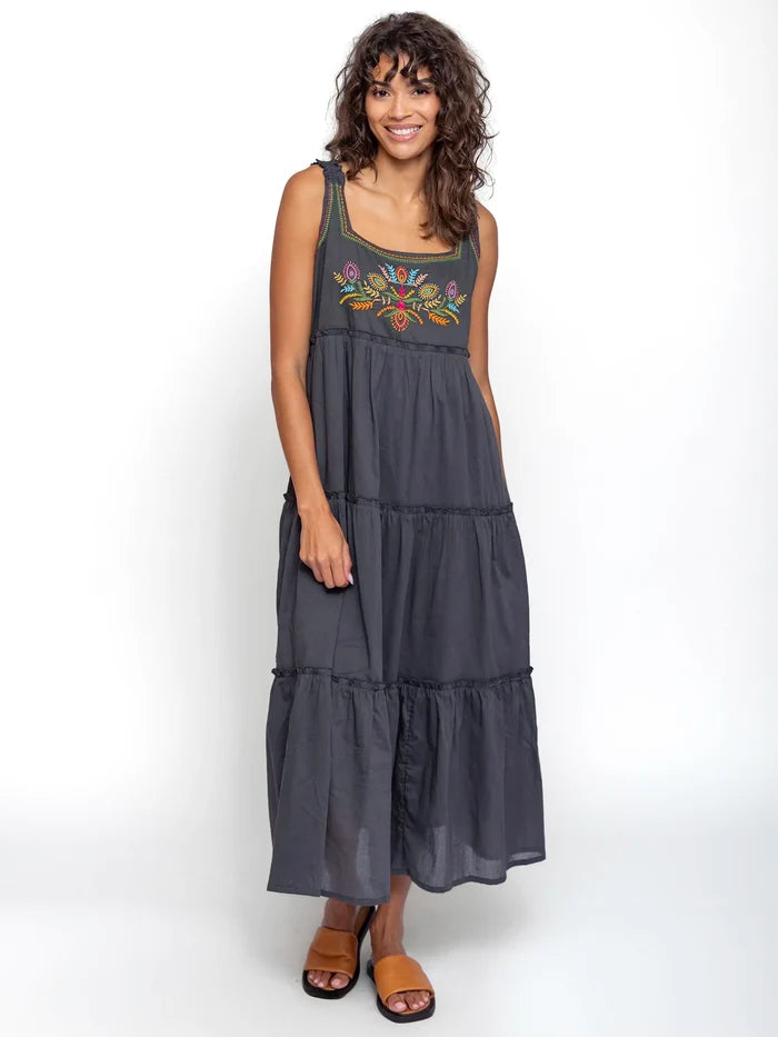 Adele Embroidered Cotton Midi Dress - Charcoal-view 1