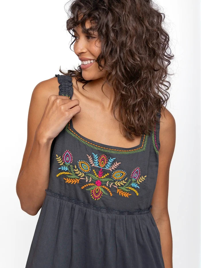Adele Embroidered Cotton Midi Dress - Charcoal-view 2