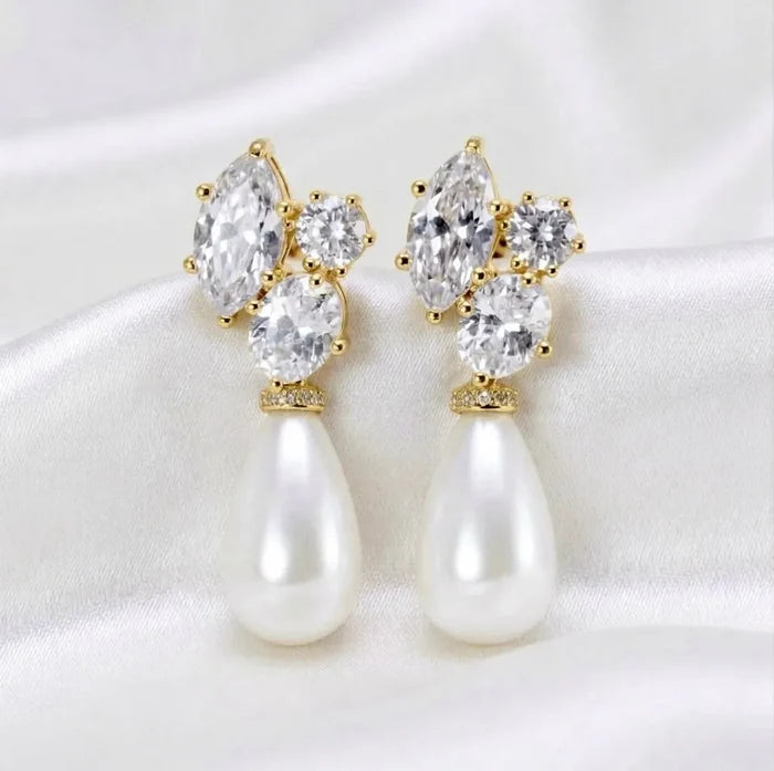 Pearl Wedding Jewelry - Bridal Pearl Drop Earrings - Available in Silver and Yellow Gold