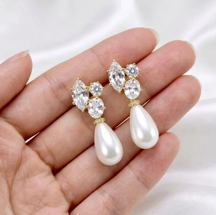 Pearl Wedding Jewelry - Bridal Pearl Drop Earrings - Available in Silver and Yellow Gold