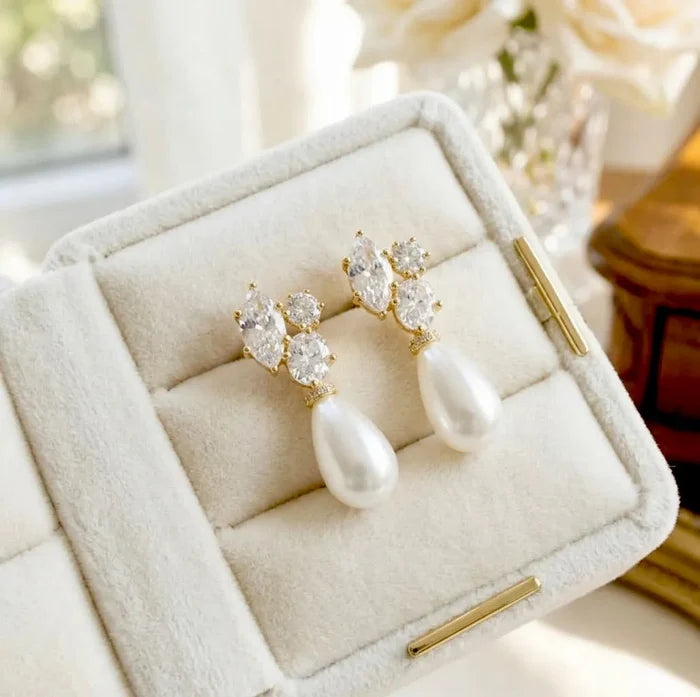 Pearl Wedding Jewelry - Bridal Pearl Drop Earrings - Available in Silver and Yellow Gold
