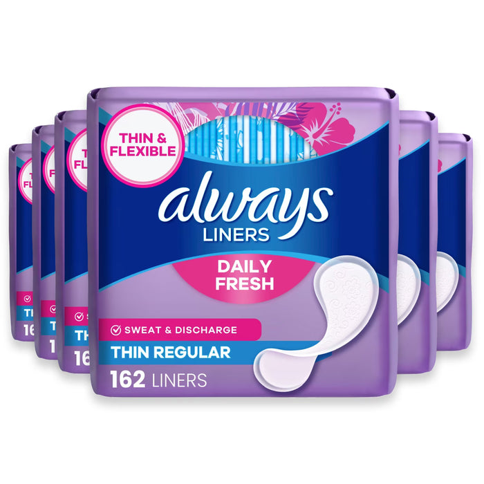 Always Daily Fresh Thin Panty Liners Regular Unscented - 162 Ct - 6 Pack