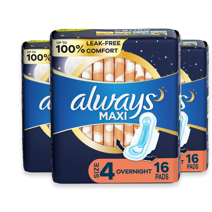 Always Maxi Overnight Unscented Pads with Wings - 16 Ct - 3 Pack