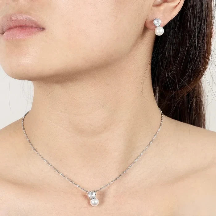 Wedding Pearl Jewelry - Pearl and Cubic Zirconia Jewelry Set - Available in Rose Gold and Silver