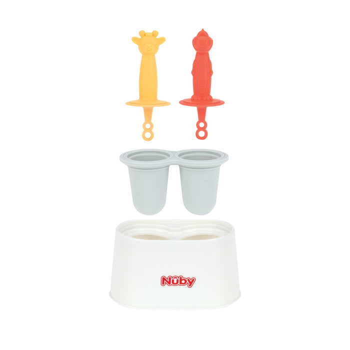 The Nuby Animal Pops Ice Pop Mold includes two animal-shaped handles, two grey silicone molds, and a white branded base—perfect for making homemade popsicles. All components are arranged vertically on a white background.