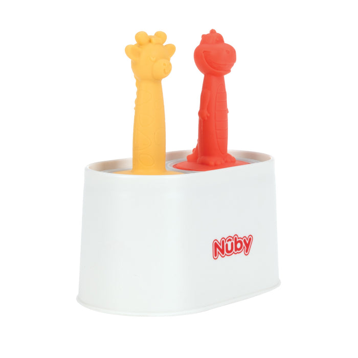 A white Nuby container holds two silicone children's toothbrushes—a yellow giraffe and red dinosaur—matching the playful designs of the Nuby Animal Pops Ice Pop Mold for making fun homemade popsicles.