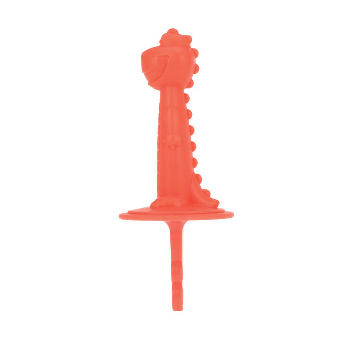 A red silicone dinosaur-shaped baby teether with a circular guard to prevent swallowing—crafted from the same safe materials as Nuby’s Animal Pops Ice Pop Mold for extra peace of mind.