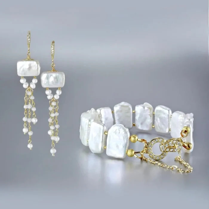 Wedding Jewelry | Natural Pearl Bracelet/Earrings/Set - Gold