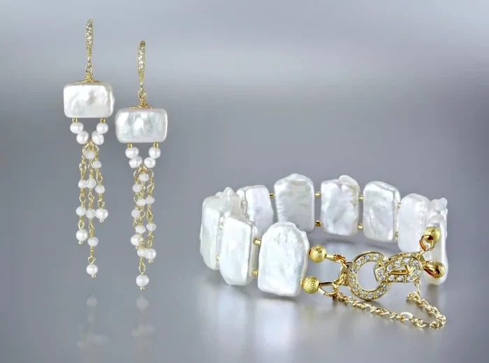 Wedding Jewelry | Natural Pearl Bracelet/Earrings/Set - Gold