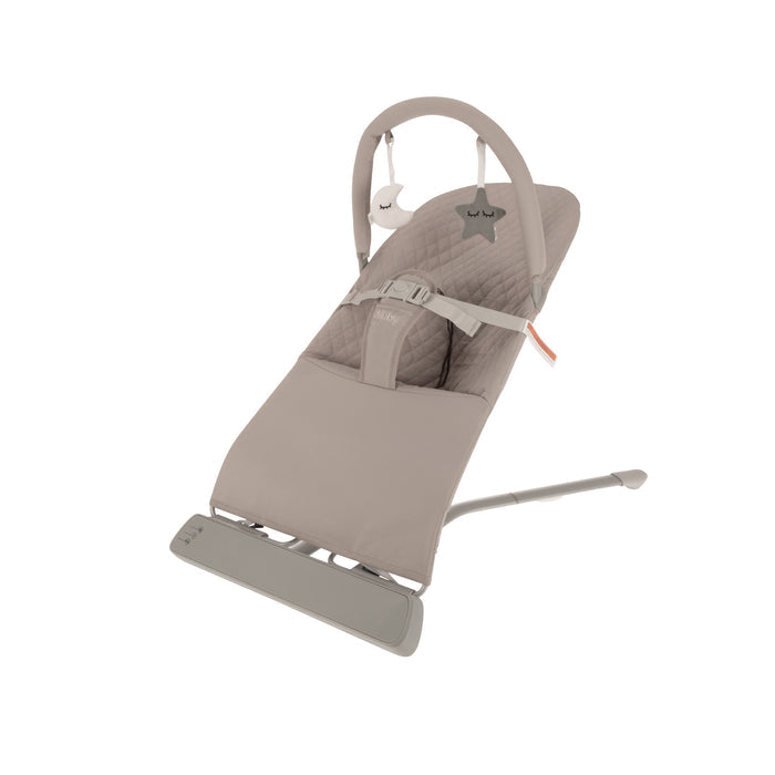 The Baby Bouncer Seat | Beige features an ergonomic design, padded quilted seat, safety harness, toy bar, and sturdy metal frame, displayed on a white background.