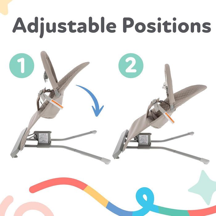 The Baby Bouncer Seat | Beige is shown in two positions—reclined (left, labeled 1) and upright (right, labeled 2)—with text "Adjustable Positions," highlighting its ergonomic design and colorful lines at the bottom.