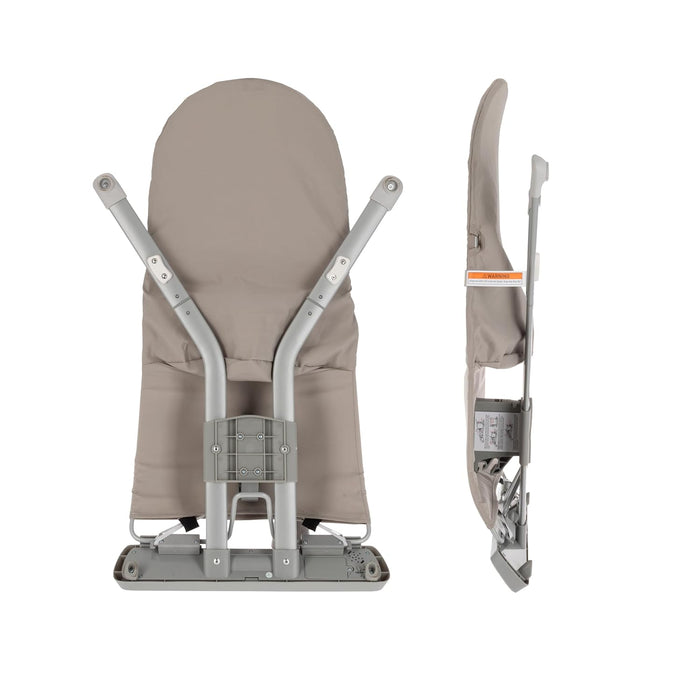 The Baby Bouncer Seat | Beige features an ergonomic frame, shown from the back and side; the side view emphasizes its slim, compact profile when folded.