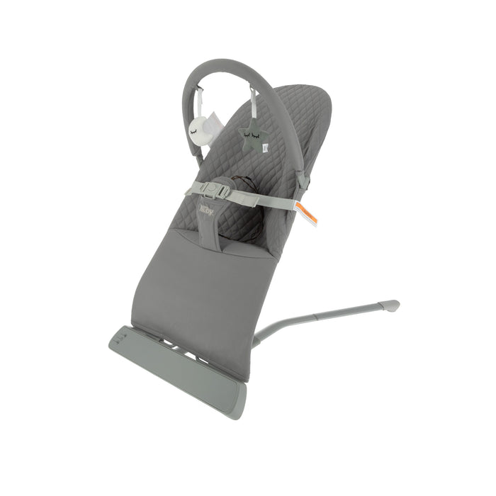 The Baby Bouncer Seat | Grey features a quilted ergonomic seat with an adjustable belt and attached toy bar. Its sleek, modern frame offers sturdy support. Shown on a plain white background.