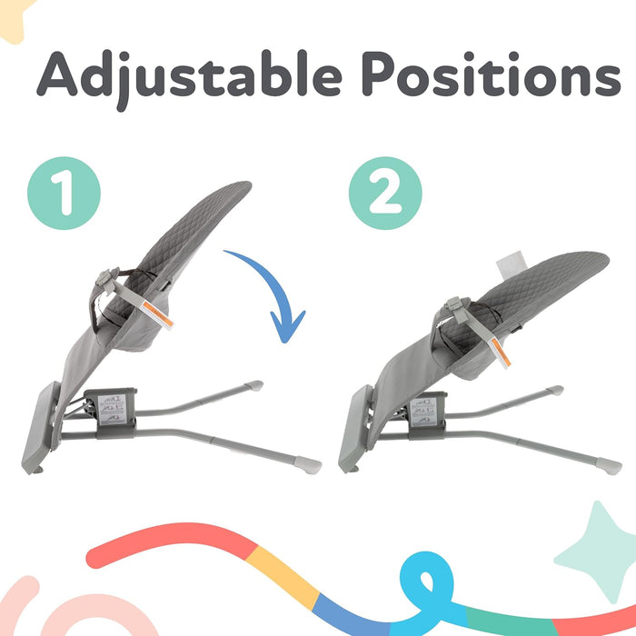 Two Baby Bouncer Seat | Grey units are shown, each with ergonomic seats and two adjustable positions: upright (position 1) and reclined (position 2). "Adjustable Positions" with decorative lines is displayed at the top.