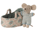 Maileg - Baby Mouse In Carry Cot - Blue