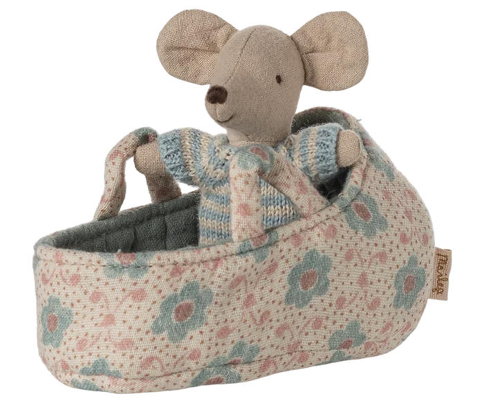 Maileg - Baby Mouse In Carry Cot - Blue - In Cot