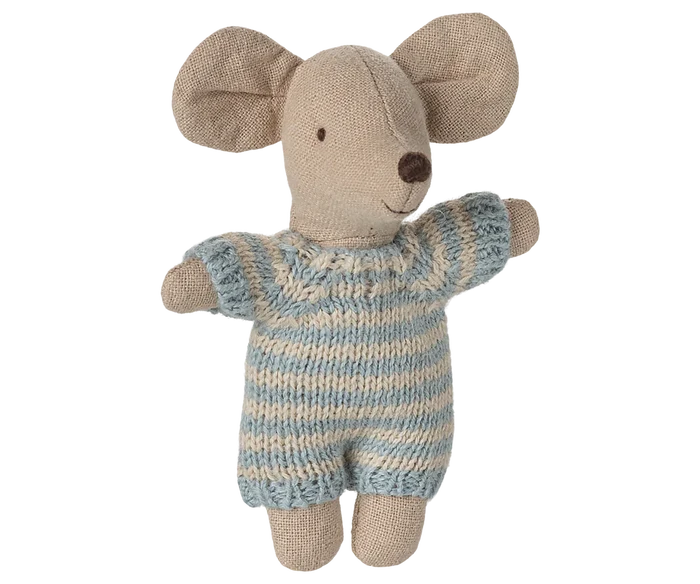 Maileg - Baby Mouse In Carry Cot - Blue - Side Look
