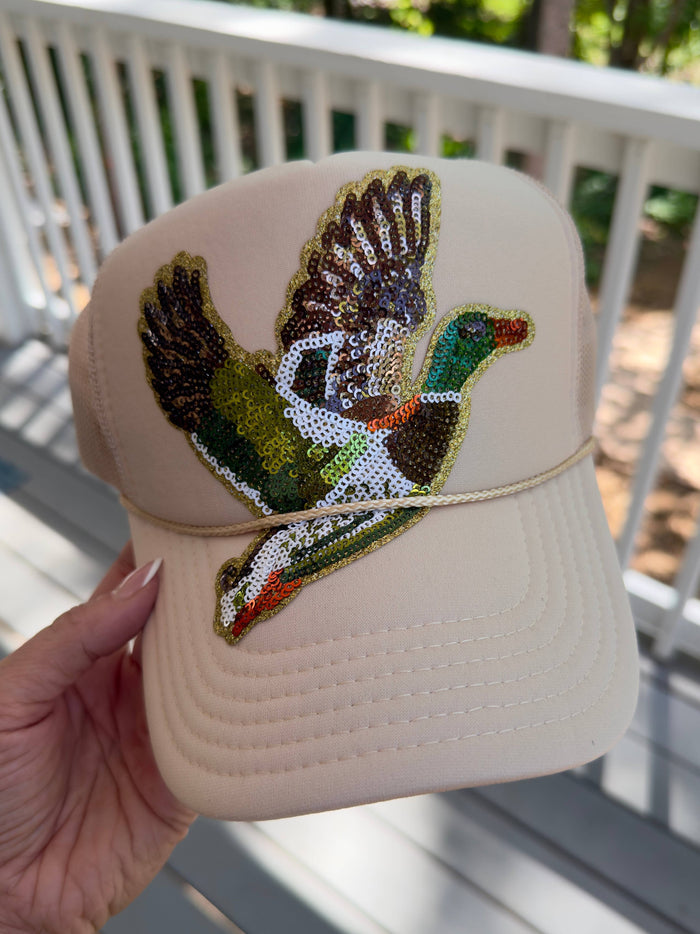 Backwoods Bougie Sequin Trucker Collection: NO Chain / Tan / Sequin Mallard - Olita Gifts & Goods