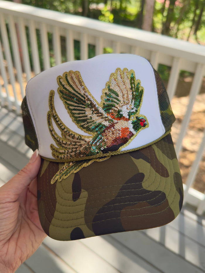 Backwoods Bougie Sequin Trucker Collection: NO Chain / Tan / Sequin Mallard - Olita Gifts & Goods