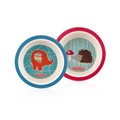 The Nuby Bamboo and Cornstarch Feeding Bowl (2 Pack) includes one blue-rimmed bowl with an orange elephant, and one red-rimmed biodegradable toddler bowl featuring a brown hedgehog and red mushroom on a blue patterned background.