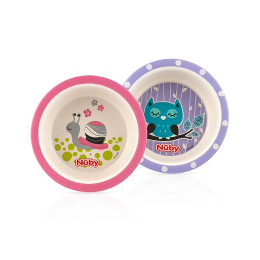 The Nuby Bamboo and Cornstarch Feeding Bowl (2 Pack) features playful, eco-friendly designs—one with a pink rim and snail, the other with a purple rim and blue owl—perfect as recyclable baby bowls.