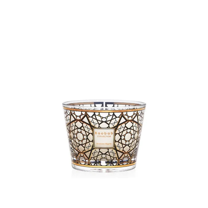 A collection of Baobab scented candles with screen-printed 24-carat gold designs on the glass containers, available in various sizes.