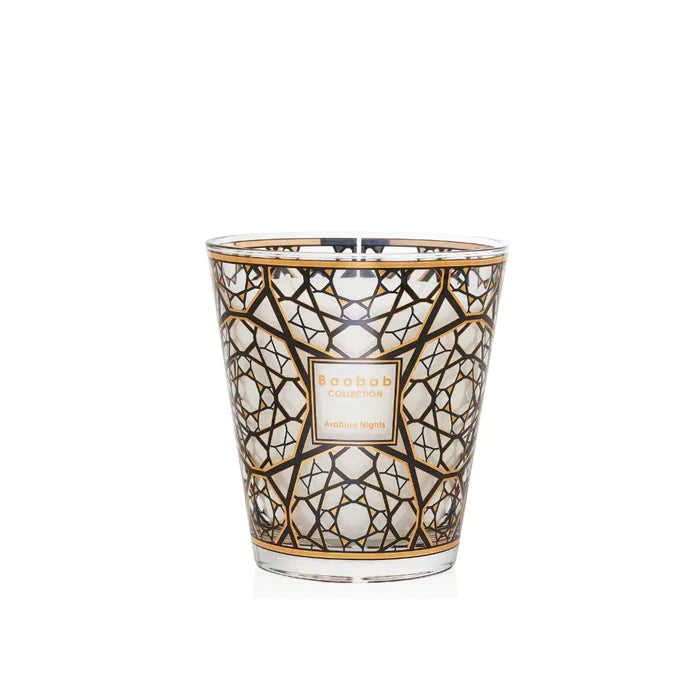 A collection of Baobab scented candles with screen-printed 24-carat gold designs on the glass containers, available in various sizes.