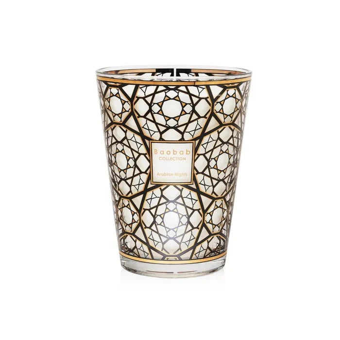 A collection of Baobab scented candles with screen-printed 24-carat gold designs on the glass containers, available in various sizes.