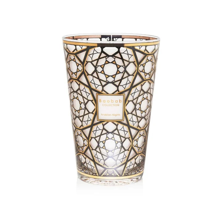 A collection of Baobab scented candles with screen-printed 24-carat gold designs on the glass containers, available in various sizes.