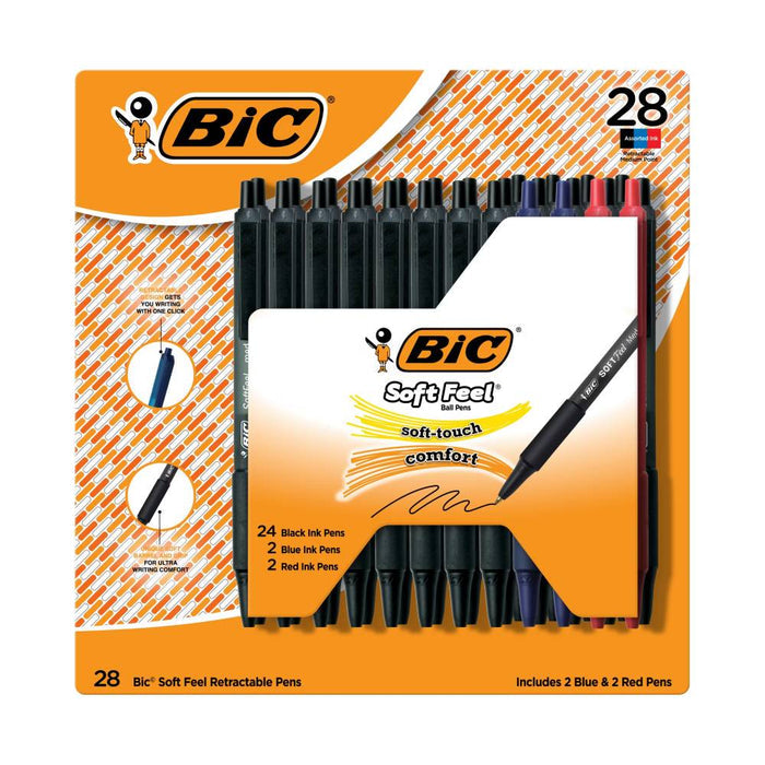 BIC -  Soft Feel Retractable Ballpoint Pens with Soft Touch Comfort Grip Medium Point, Assorted Colors - 28 Count