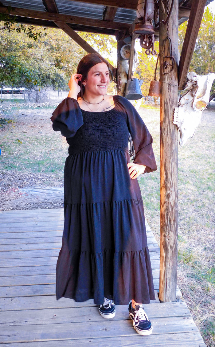 Black Long Sleeve Puff Sleeve Tiered Maxi Dress