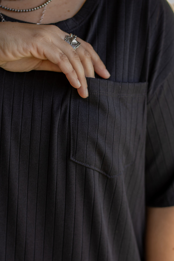 Black Ribbed Pocket Top