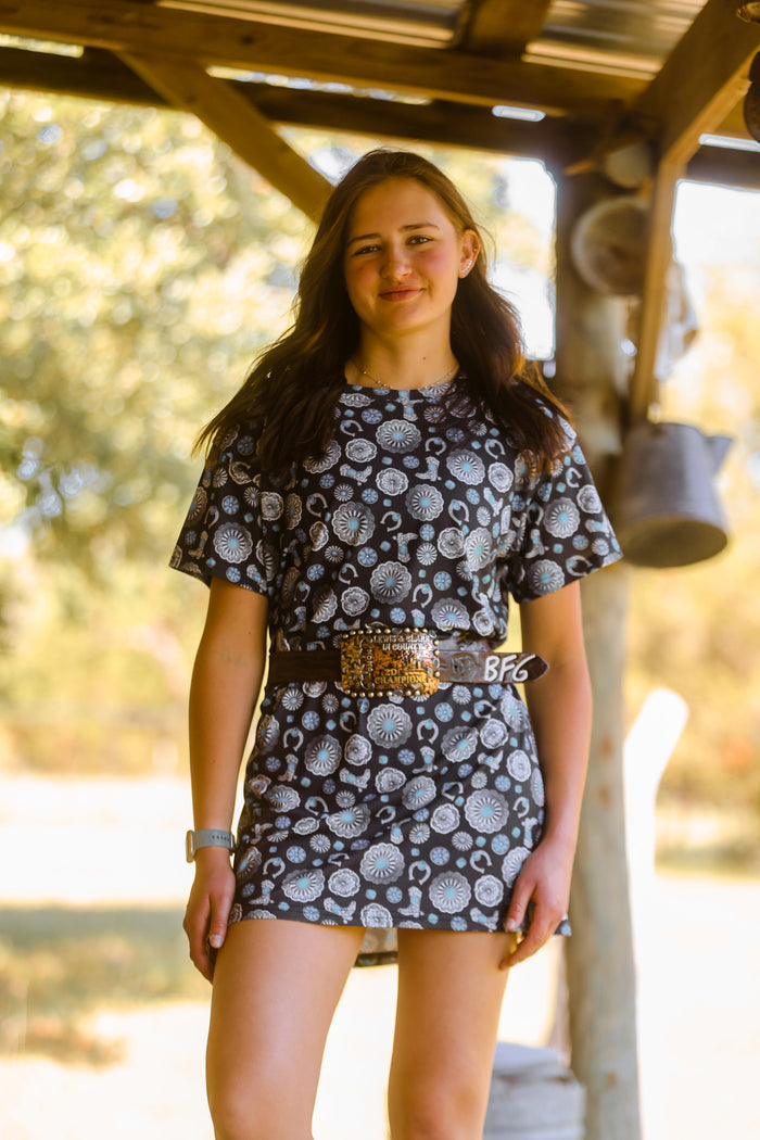 Black Turquoise Concho Printed Dress