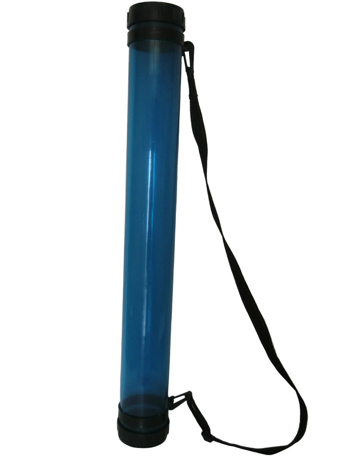 A translucent blue cylindrical tube with black caps and a black shoulder strap, standing upright against a plain off-white background.