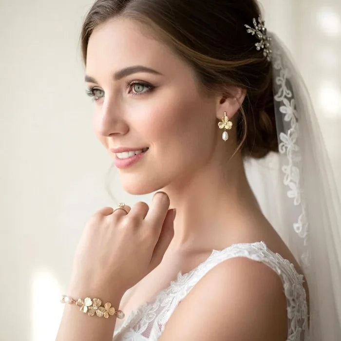 Wedding Jewelry | Natural Pearl Bracelet/Earrings/Set - Gold & Silver