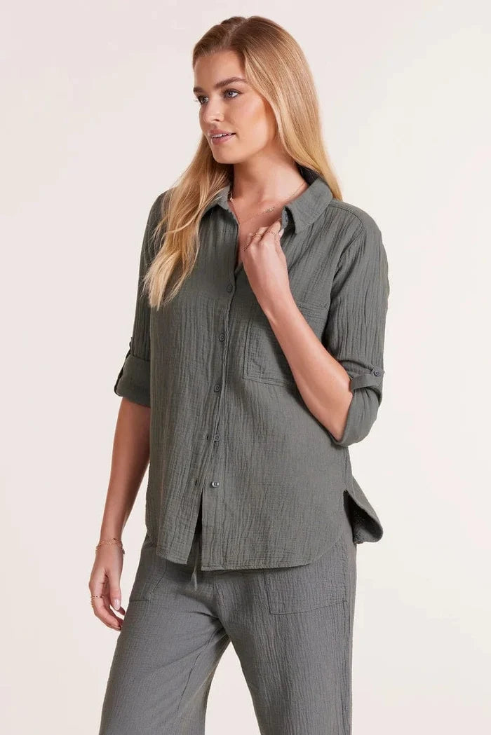 front shirt bobi tab sleeve button front shirt