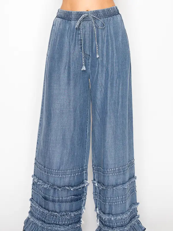 Boho Tiered Chambray Wide Leg Palazzo Pants
